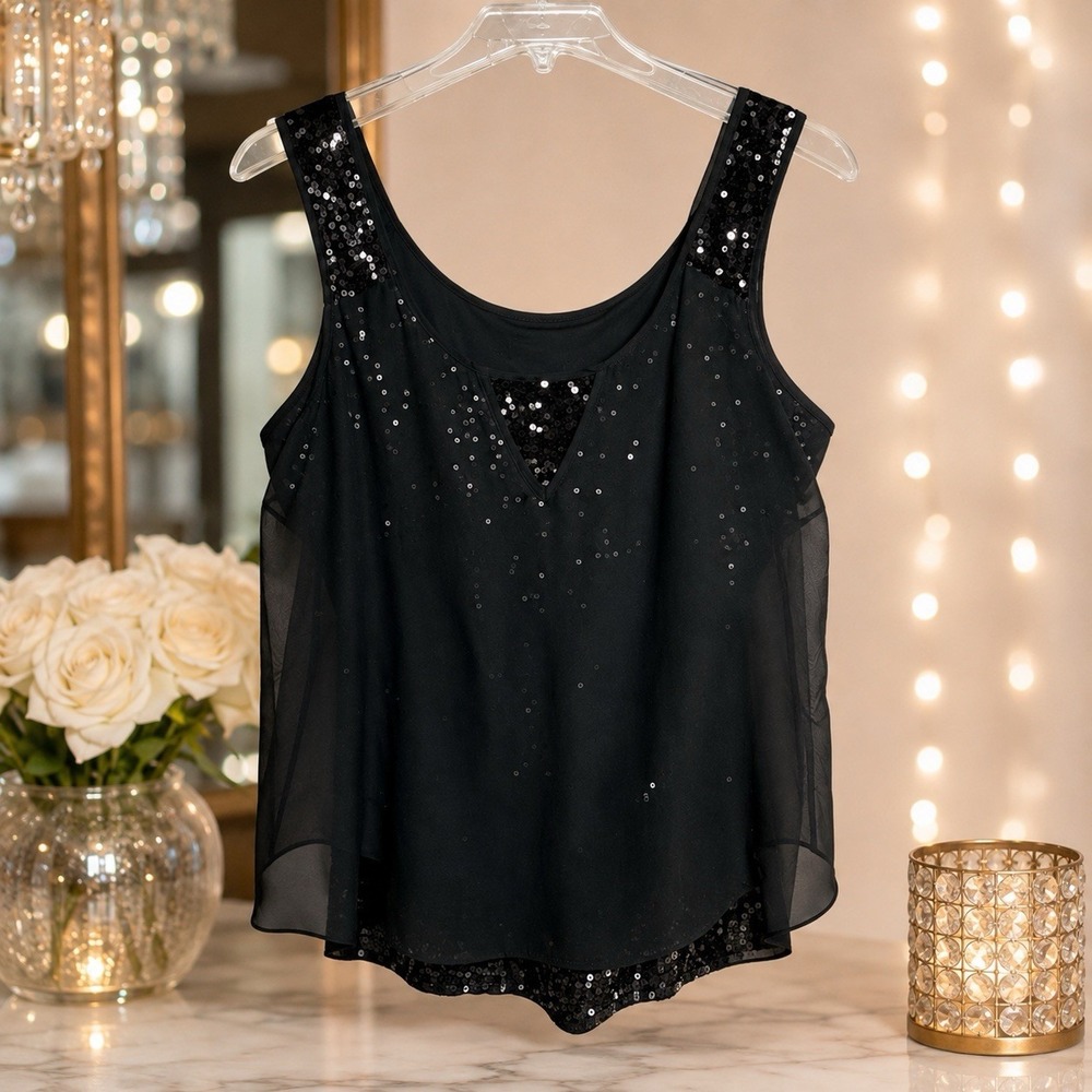 Cache Womens M Black Sequin Sheer Overlay Sleeveless Party Evening Top Made USA